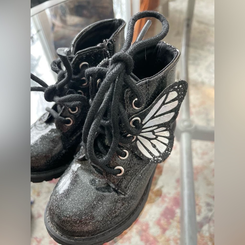 Black Glitter Combat Boots with Butterfly Detail